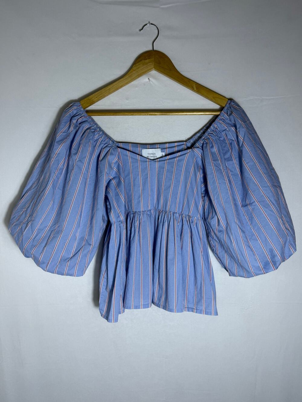 Things Between Blue Striped Puff Sleeve Peplum Top Size S